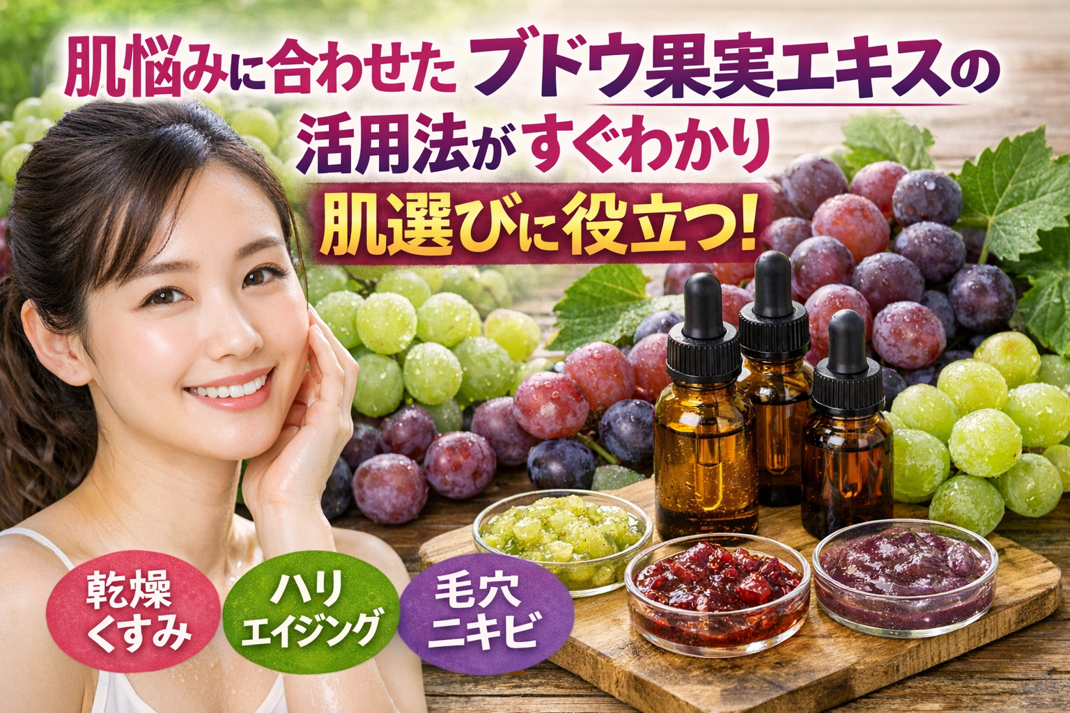 肌悩みに合わせたブドウ果実エキスの活用法がすぐわかり肌選びに役立つ