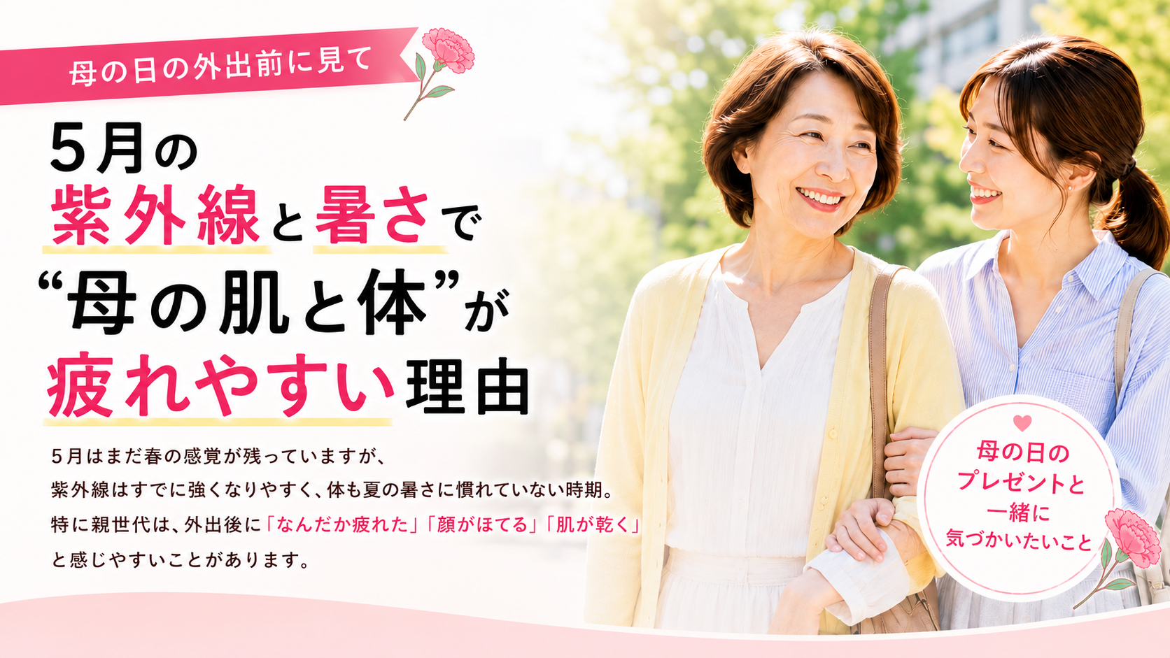 母の日に外出する母娘と5月の紫外線対策を説明する美容健康記事